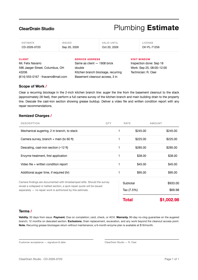 Minimalist grid plumbing estimate
